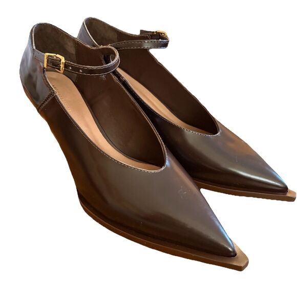Anthropologie Western Kitten Heel Sz EU 38 Brown Leather Pointed Mary Jane Pumps - Picture 1 of 8